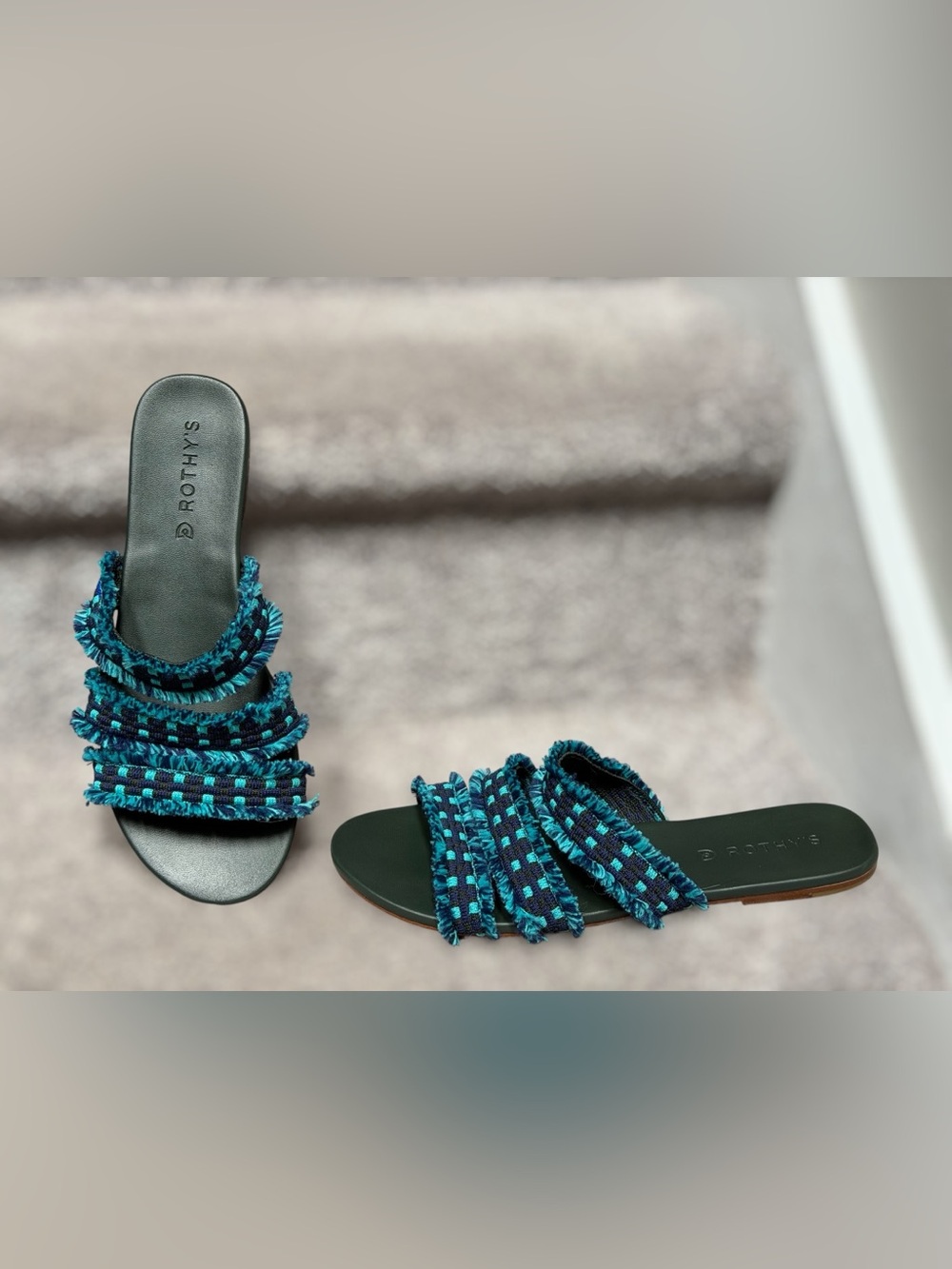 Rothy’s Triple Band Fringe Woven Slide Sandals Boho Coastal Resort Vacation‎
